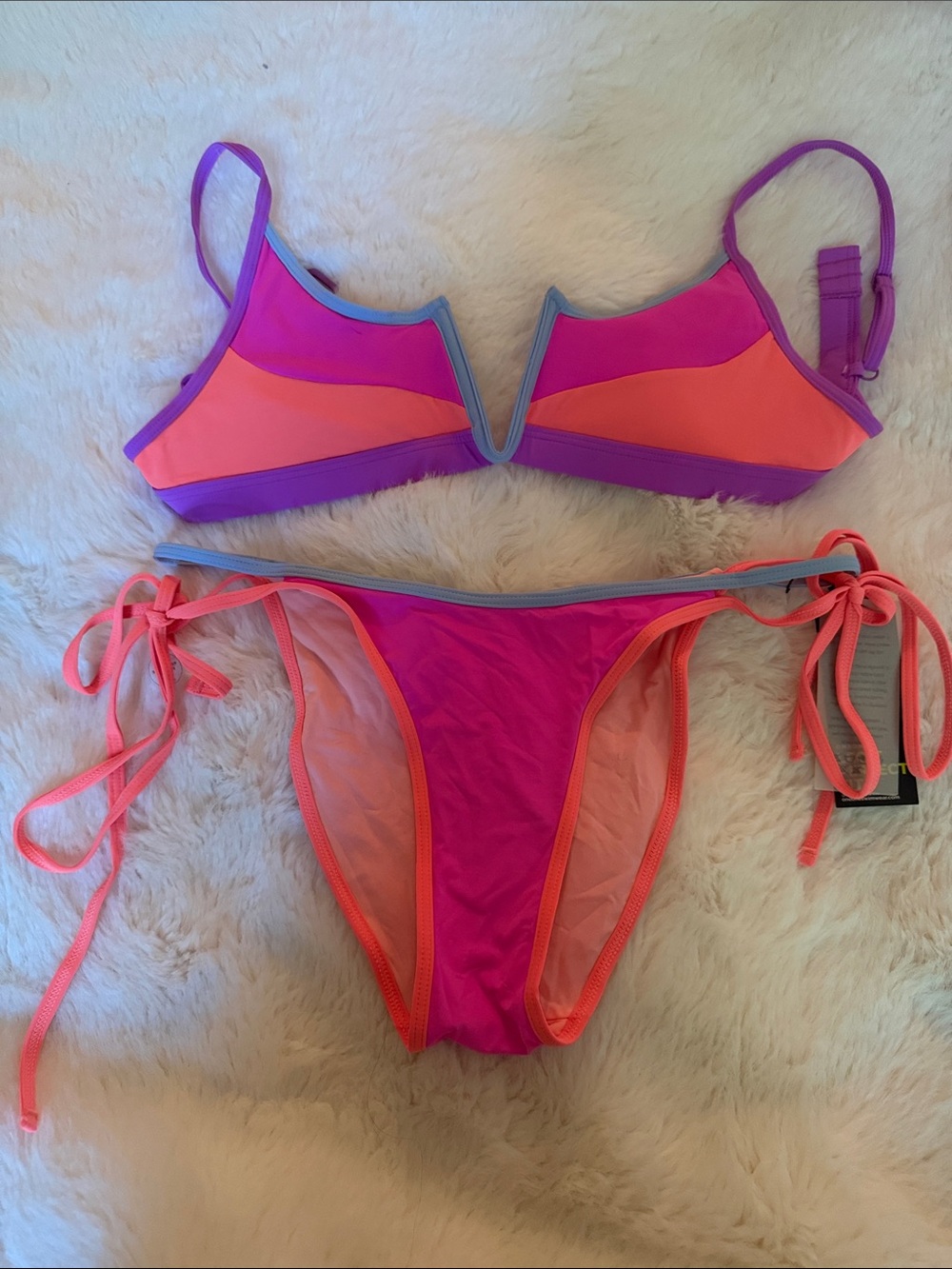 Women's Colorblock Tie-Side Bikini in Pink & Coral